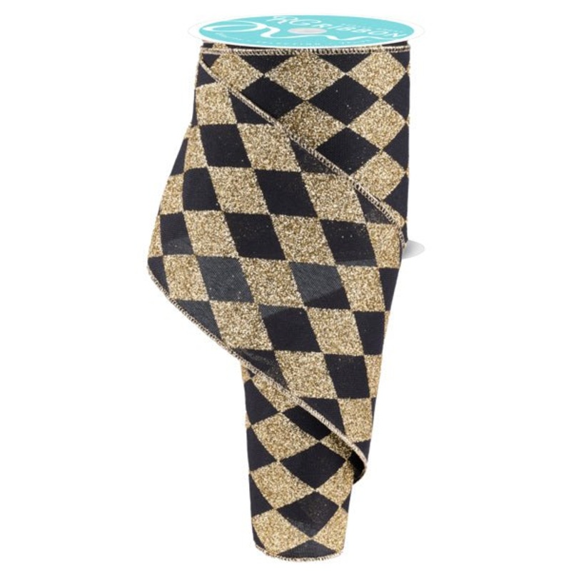 4" Glitter Harlequin Ribbon: Black/Gold - 10yds