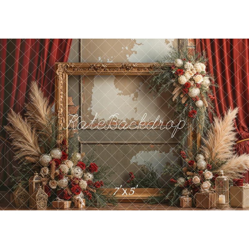 Kate Boho Frame Vintage Floral Red Curtains Backdrop Designed by Emetselch Microfiber (Printed) 7x5ft - small kids sitting / cake smash