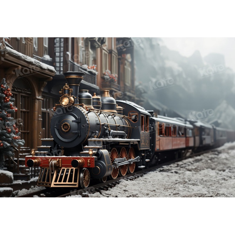 Kate Winter Outdoor Train Backdrop for Photography 7x5ft - small kids sitting / cake smash Microfiber (Printed)