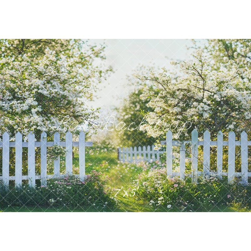 Kate Spring Garden White Fence Backdrop Designed by Emetselch Microfiber (Printed) 7x5ft - small kids sitting / cake smash