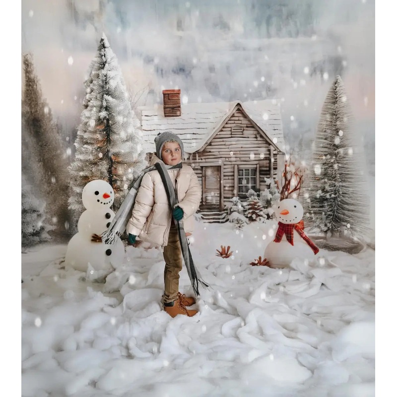 Kate Winter Dreamy Forest Christmas Snowman Wooden House Backdrop Designed by Patty Robert 7x5ft - small kids sitting / cake smash Microfiber (Printed)