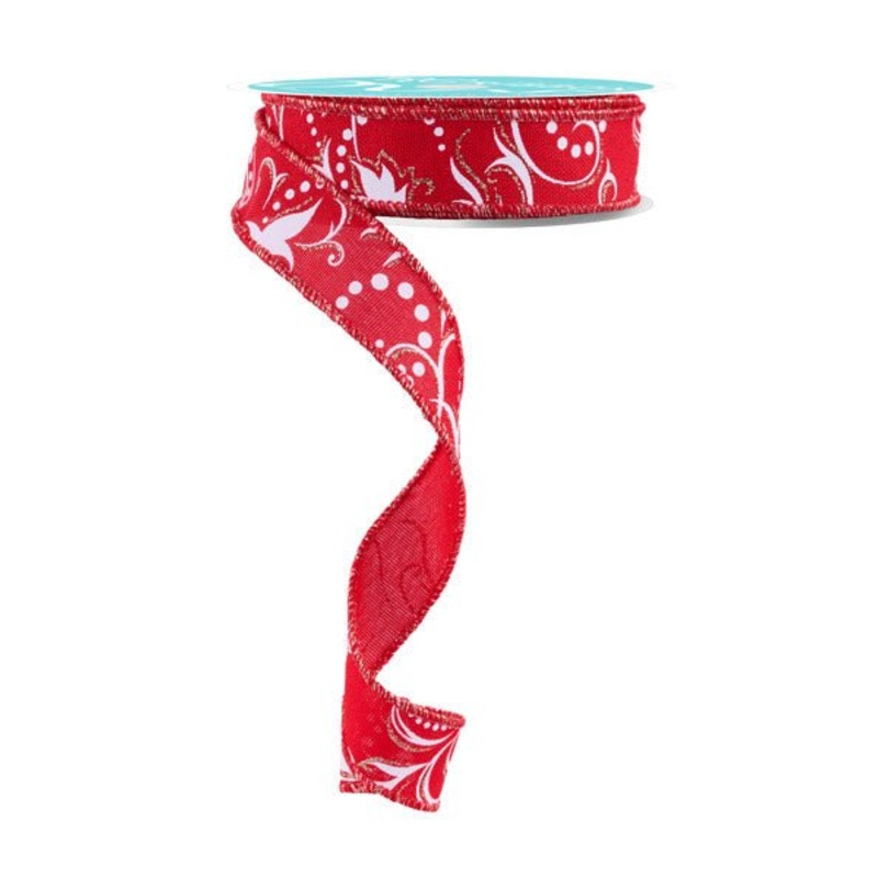 7/8" Glitter Leaf Filigree Ribbon: Red/White/Champagne