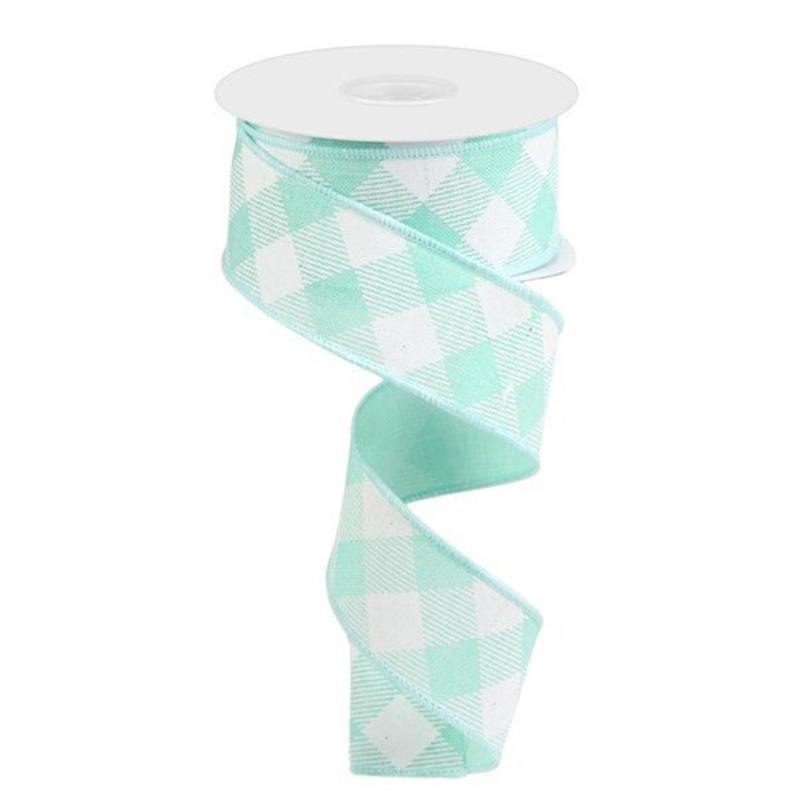 1.5" Diagonal Check Ribbon: Mint/White - 10yds