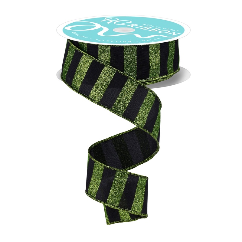 1.5" Horizontal Glitter Stripe Ribbon: Black/Lime - 10yds