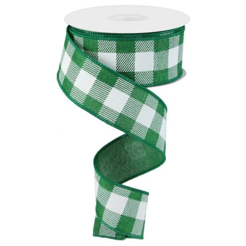 1.5" Plaid Check Ribbon: Emerald Green/White - 10yds