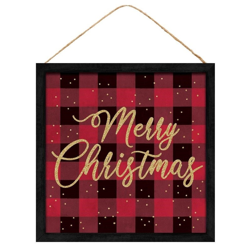 10" Merry Christmas Check Sign: Red/Blk