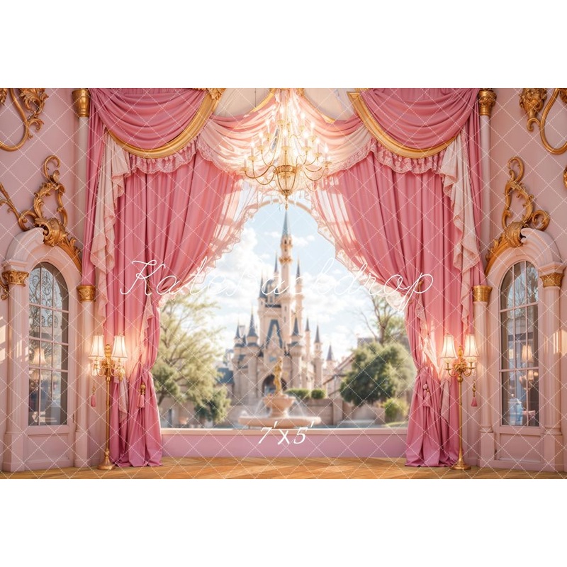 Kate Castle Pink Curtains Window Backdrop Designed by Emetselch Microfiber (Printed) 7x5ft - small kids sitting / cake smash