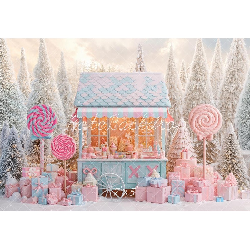 Kate Christmas Candy Stand Lollipops Gift Snowy Pastel Backdrop Designed by Emetselch Microfiber (Printed) 7x5ft - small kids sitting / cake smash