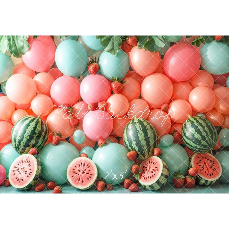Kate Summer Cake Smash Watermelon Balloons Strawberries Backdrop Designed by Emetselch Microfiber (Printed) 7x5ft - small kids sitting / cake smash