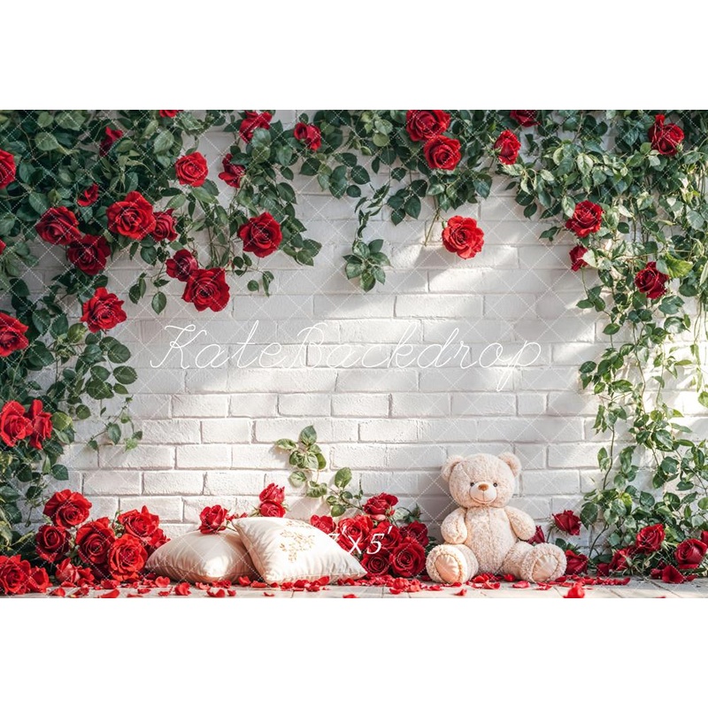 Kate White Brick Wall With Red Roses and Teddy Bear Backdrop Designed by Emetselch Microfiber (Printed) 7x5ft - small kids sitting / cake smash
