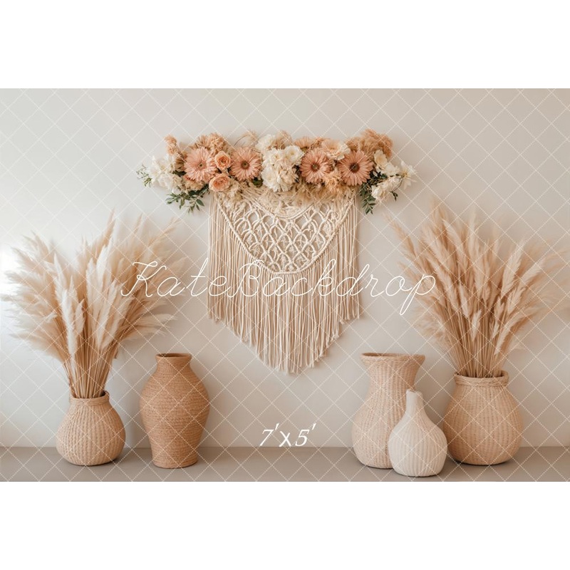 Kate Boho Floral Macrame Pampas Grass Backdrop Designed by Emetselch Microfiber (Printed) Photo Kit-With 2 Vases+2 Throw Pillows+1 Blanket+6 Artificial Reeds+1 Flower Pot/ Without Dress