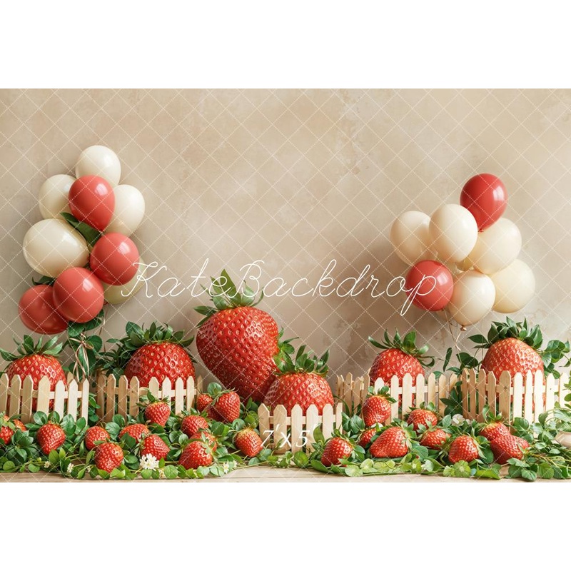Kate Cake Smash Strawberry Balloon Fence Garden Backdrop Designed by Emetselch Microfiber (Printed) 7x5ft - small kids sitting / cake smash