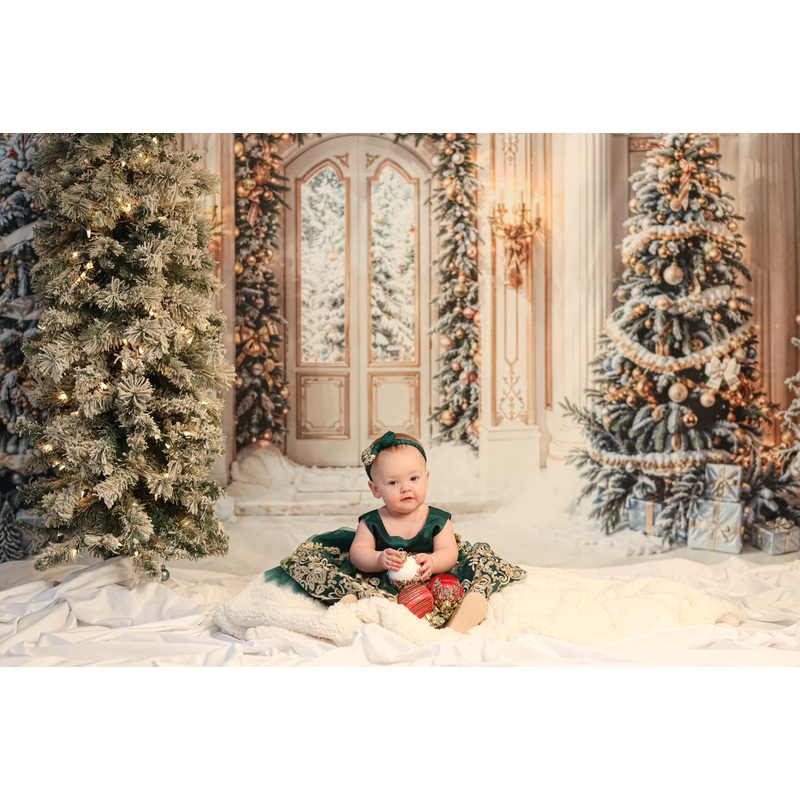 Kate Winter Christmas Tree Palace Arch Door Vintage Wall Backdrop Designed by Chain Photography 7x5ft - small kids sitting / cake smash Microfiber (Printed)