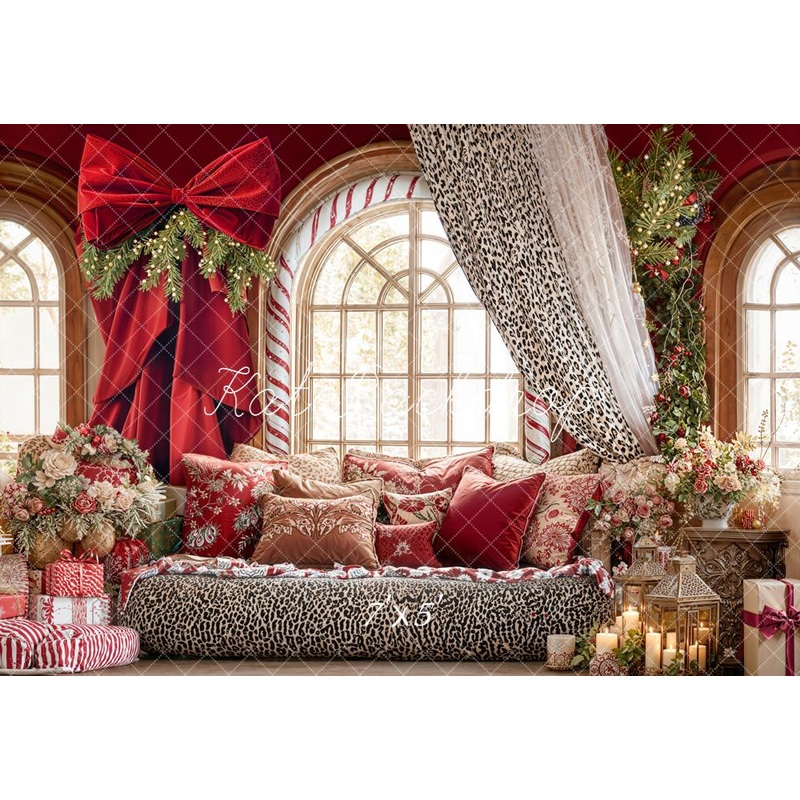 Kate Valentines Red Bow Leopard Curtain Window Floral Backdrop Designed by Emetselch Microfiber (Printed) 7x5ft - small kids sitting / cake smash