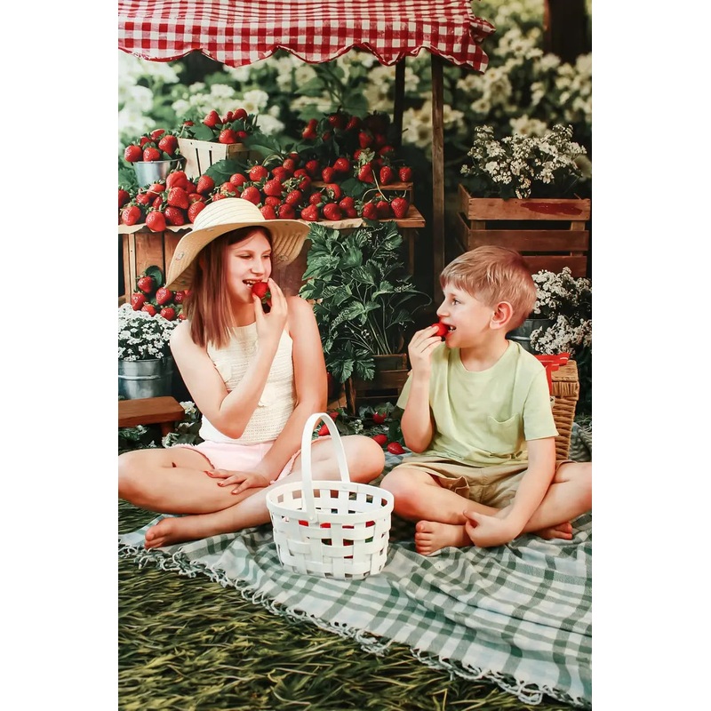 Kate Summer Strawberry Stand Flowers Backdrop Designed by Emetselch Microfiber (Printed) 7x5ft - small kids sitting / cake smash