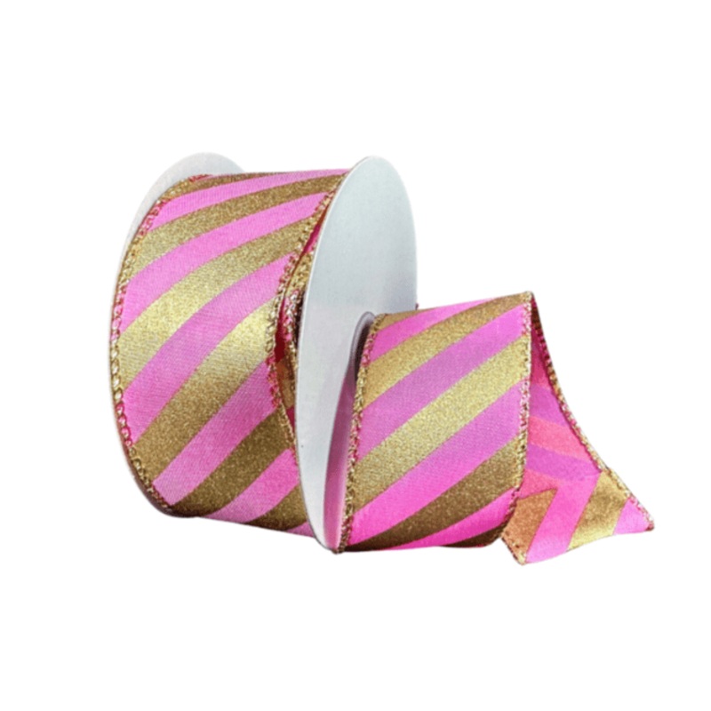 1.5" Dk Pink Satin/Gold Metallic Diagonal Stripe Ribbon - 10yds