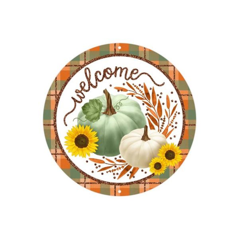 8" Metal Welcome Sign w/ Pumpkins: Sage/Org/Crm