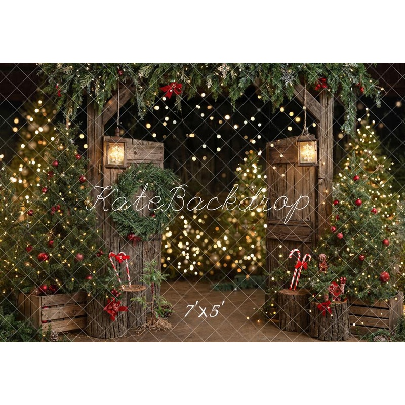 KBPA 2025 Kate Christmas Tree Rustic Barn Door Wooden Backdrop Designed by Emetselch Microfiber (Printed) 7x5ft - small kids sitting / cake smash