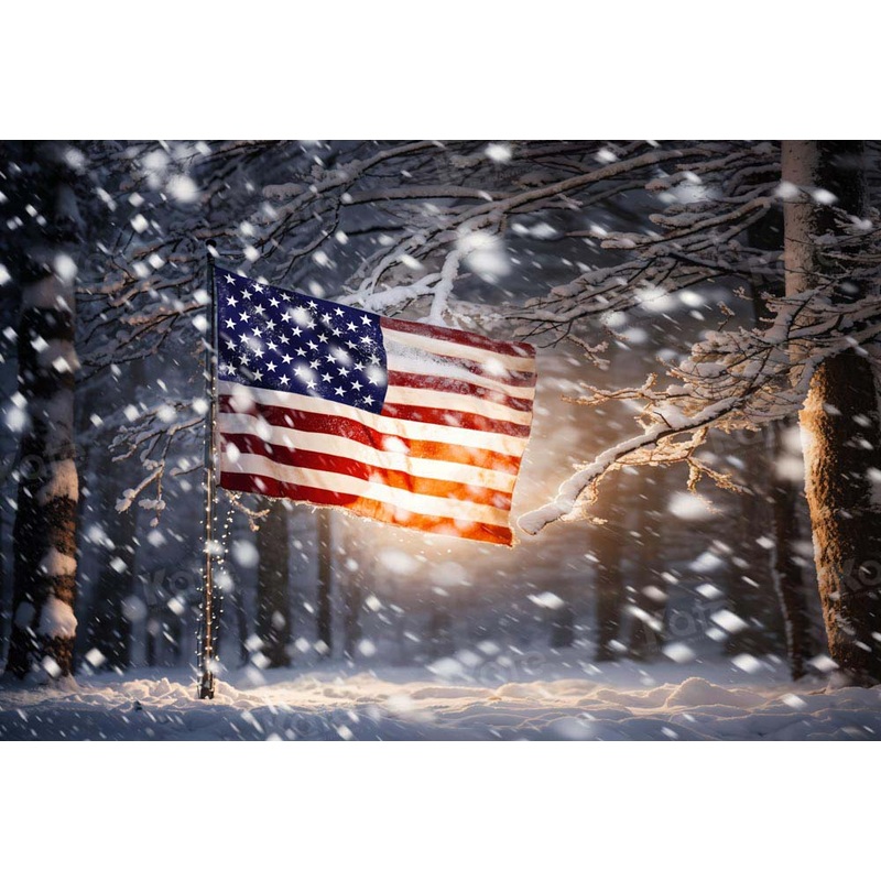 Kate Winter America Flag in Snow Backdrop Designed by Chain Photography 7x5ft - small kids sitting / cake smash Microfiber (Printed)