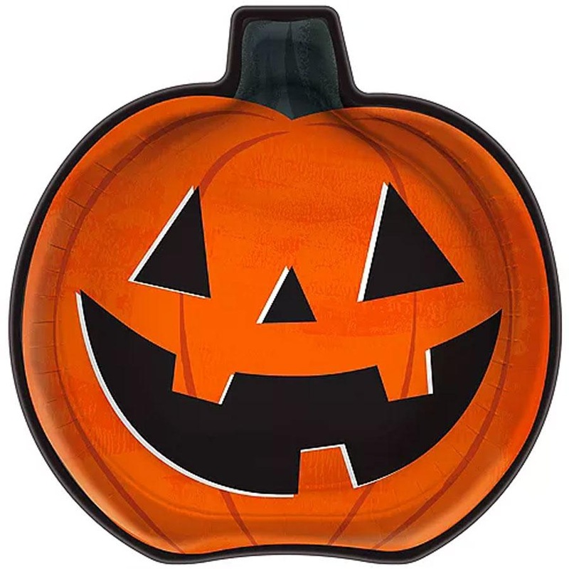Classic Orange & Black Pumpkin-Shaped Jack-o'-Lantern Paper Lunch Plates, 9in | 8ct
