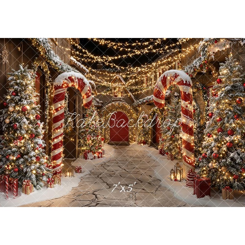 Kate Christmas Candy Cane Snowy Village Lights Backdrop Designed by Emetselch Microfiber (Printed) 7x5ft - small kids sitting / cake smash