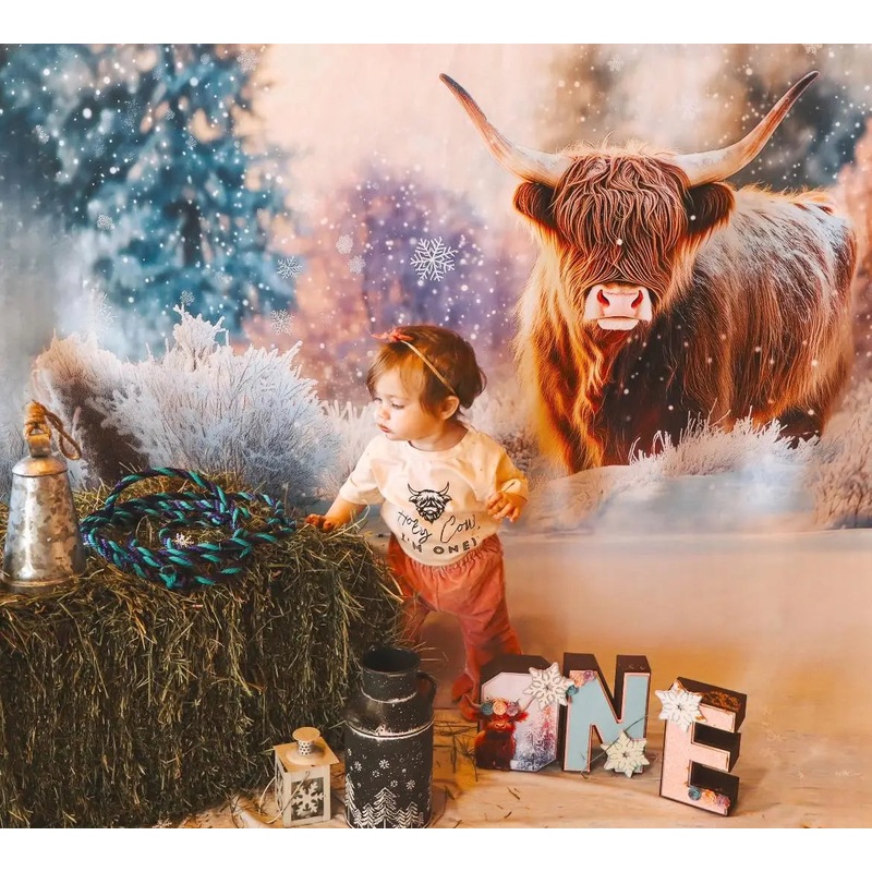 Kate Winter Highland Cow Snow Backdrop Designed by Patty Roberts 7x5ft - small kids sitting / cake smash Microfiber (Printed)