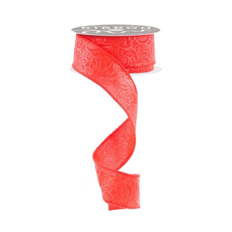 1.5" Embossed Flower/Leaves Ribbon: Red - 10yds