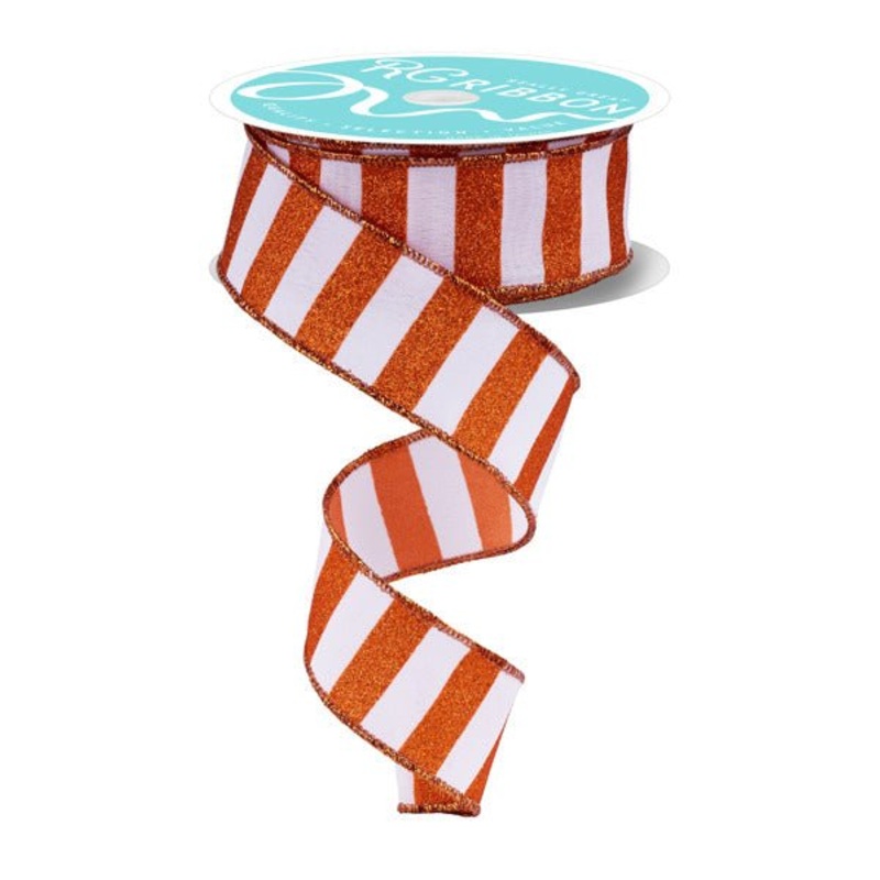 1.5" Horizontal Glitter Stripe Ribbon: White/Orange