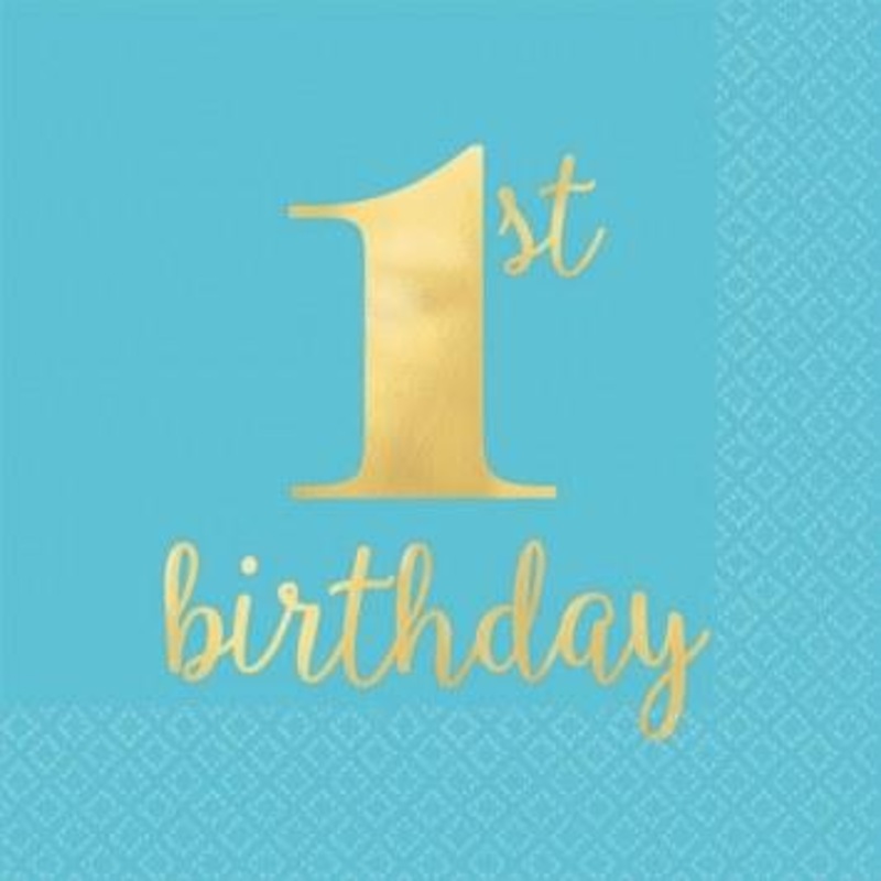 1st Birthday Blue and Gold Napkins (16 count)