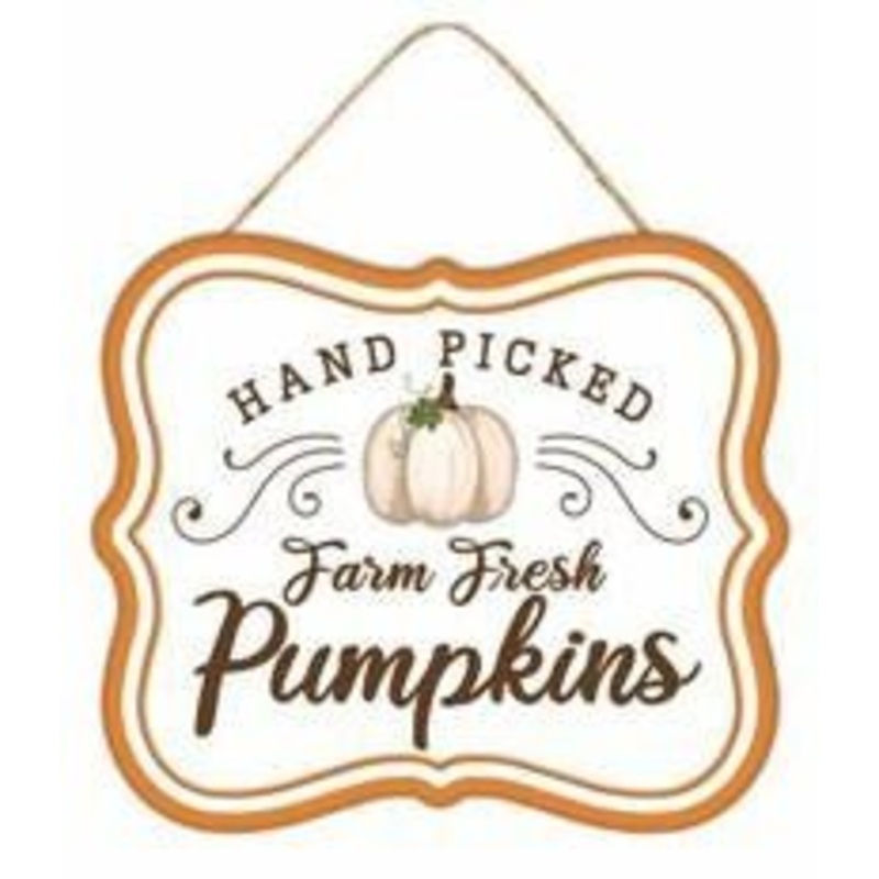 7" Metal Fall Sign: Hand Picked Pumpkins (Crm/Org/Sage)
