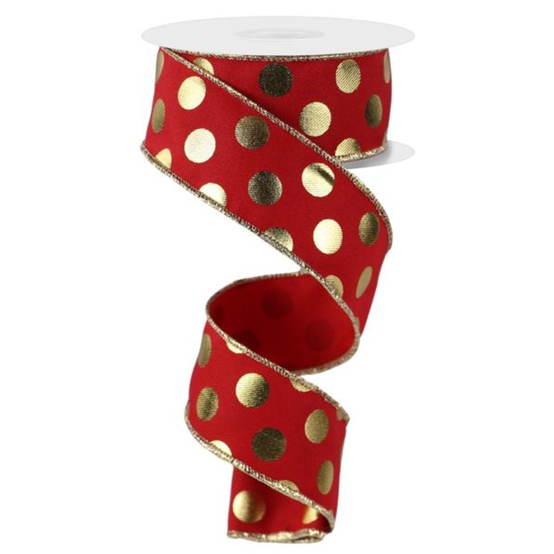 1.5" Metallic Polka Dot Ribbon: Red/Gold- 10yds