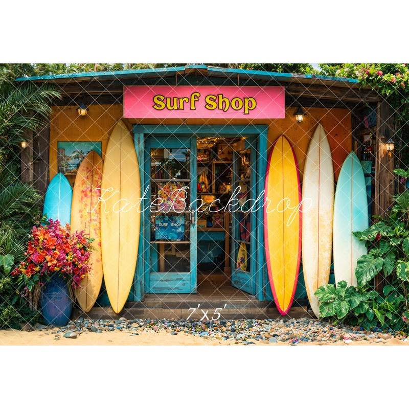 Kate Summer Beach Surf Shop Surfboards Backdrop Designed by Emetselch Microfiber (Printed) 7x5ft - small kids sitting / cake smash