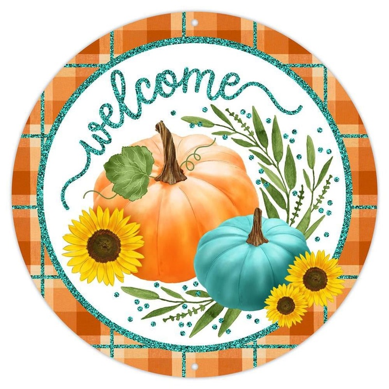 12" Metal Welcome Sign w/ Pumpkins: Org/Teal