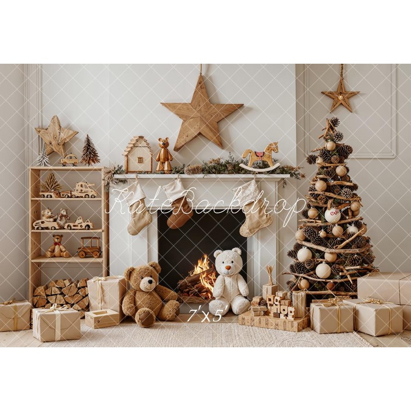 Kate Christmas Fireplace Tree Teddy Bears Gifts Stars Neutral Backdrop Designed by Emetselch Microfiber (Printed) 7x5ft - small kids sitting / cake smash