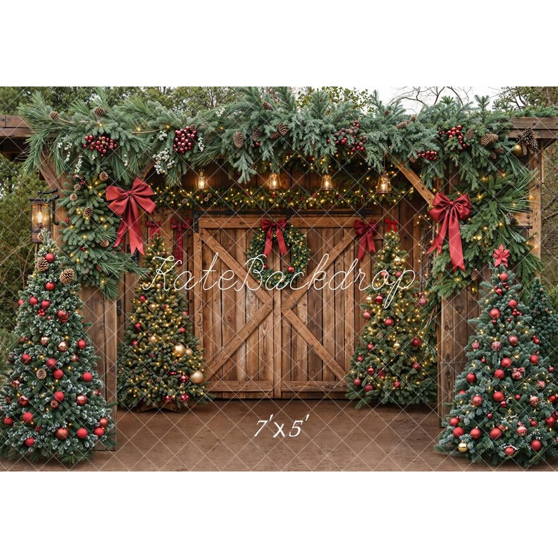 Kate Christmas Barn Door Garland Trees Bows Backdrop Designed by Emetselch Microfiber (Printed) 7x5ft - small kids sitting / cake smash
