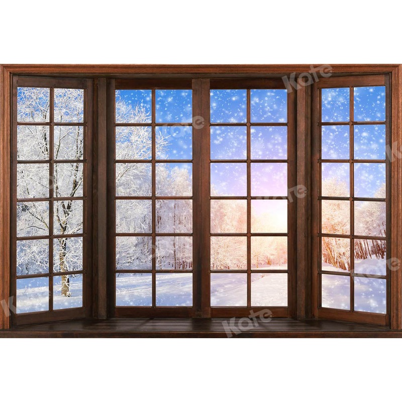 Kate Winter Snow Scene Backdrop Wooden Window Designed by Chain Photography 5x3ft - newborns and babies Microfiber (Printed)