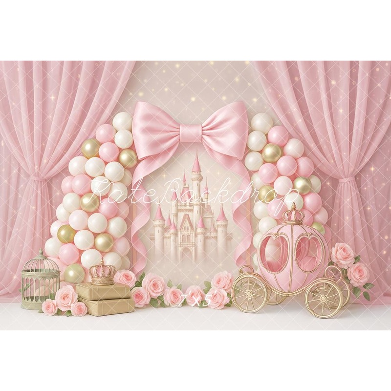 KBPA 2025 Kate Cake Smash Castle Pink Princess Carriage Backdrop Designed by Ashley Paul Microfiber (Printed) 7x5ft - small kids sitting / cake smash