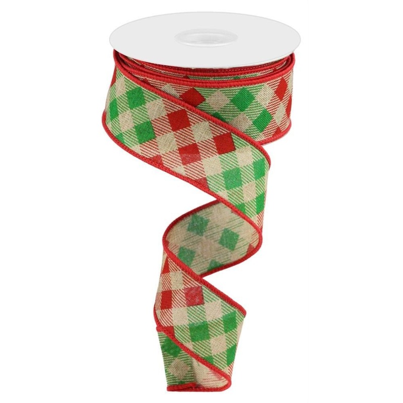 1.5" Diagonal Check Ribbon: Beige/Red/Emerald - 10yds