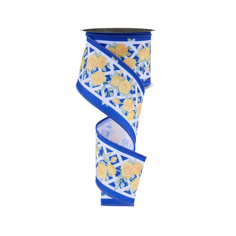 2.5" Rose Trellis Ribbon: Blue/Yellow - 10yds
