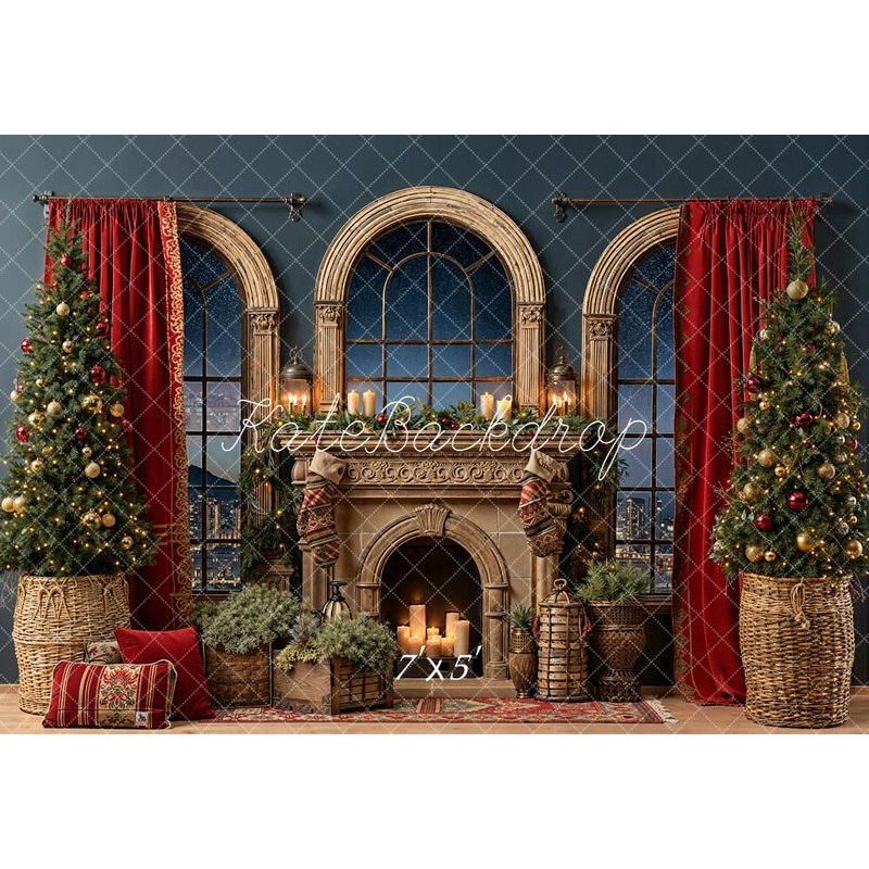 Kate Christmas Fireplace Arched Windows Tree Red Curtains Backdrop Designed by Emetselch Microfiber (Printed) 7x5ft - small kids sitting / cake smash