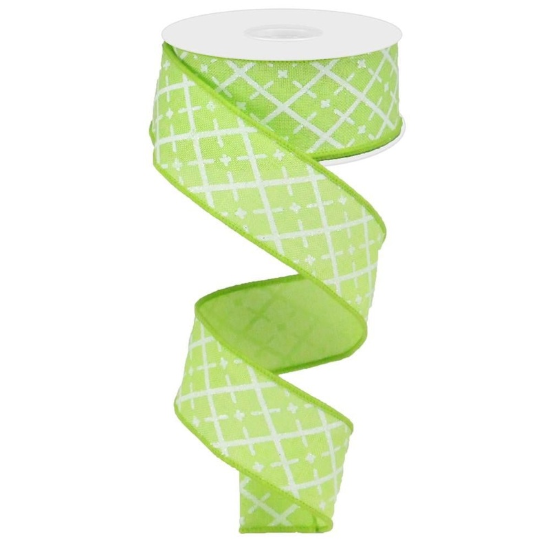 1.5" Glittered Argyle Ribbon: Bright Green - 10yds