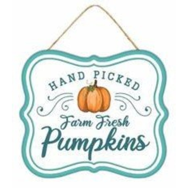 7" Metal Fall Sign: Hand Picked Pumpkins (Crm/Org/Teal)