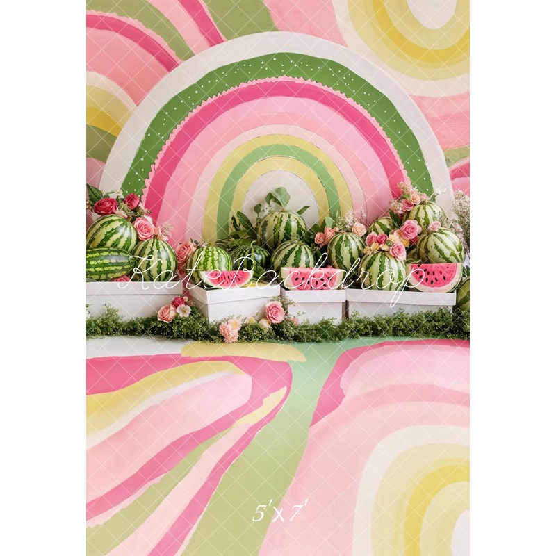 Kate Cake Smash Summer Watermelon Floral Watercolor Backdrop Designed by Emetselch Microfiber (Printed) 5x7ft(1.5x2.2m)