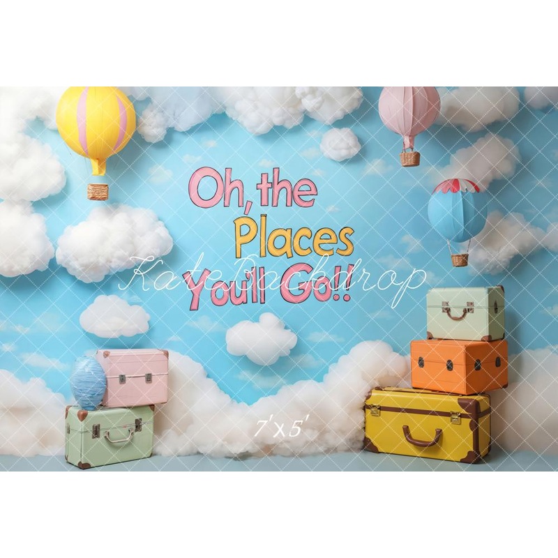 Kate Cake Smash Travel Hot Air Balloon Adventure Backdrop Designed by Emetselch Microfiber (Printed) 7x5ft - small kids sitting / cake smash
