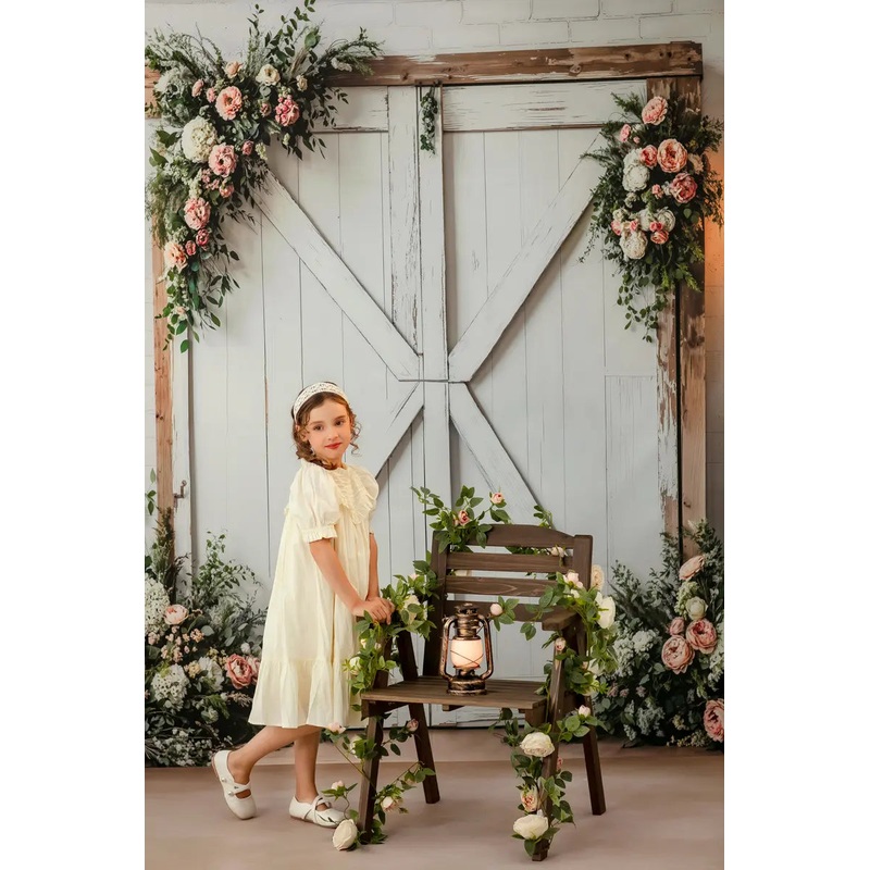 Kate Spring Rustic Floral Barn Door Backdrop Designed by Emetselch Microfiber (Printed) 7x5ft - small kids sitting / cake smash