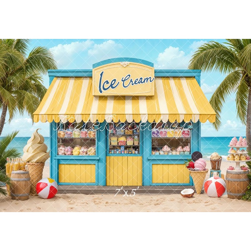 Kate Summer Beach Ice Cream Shop Backdrop Designed by Emetselch Microfiber (Printed) 7x5ft - small kids sitting / cake smash