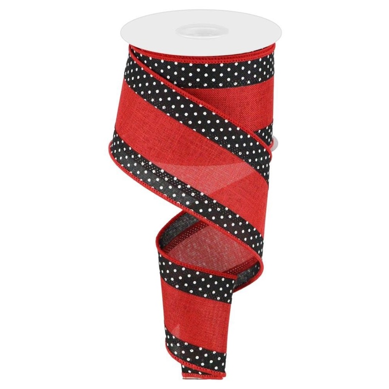 2.5" Tri-Stripe/Swiss Dot Edge Ribbon: Red/Black/Wht - 10yds