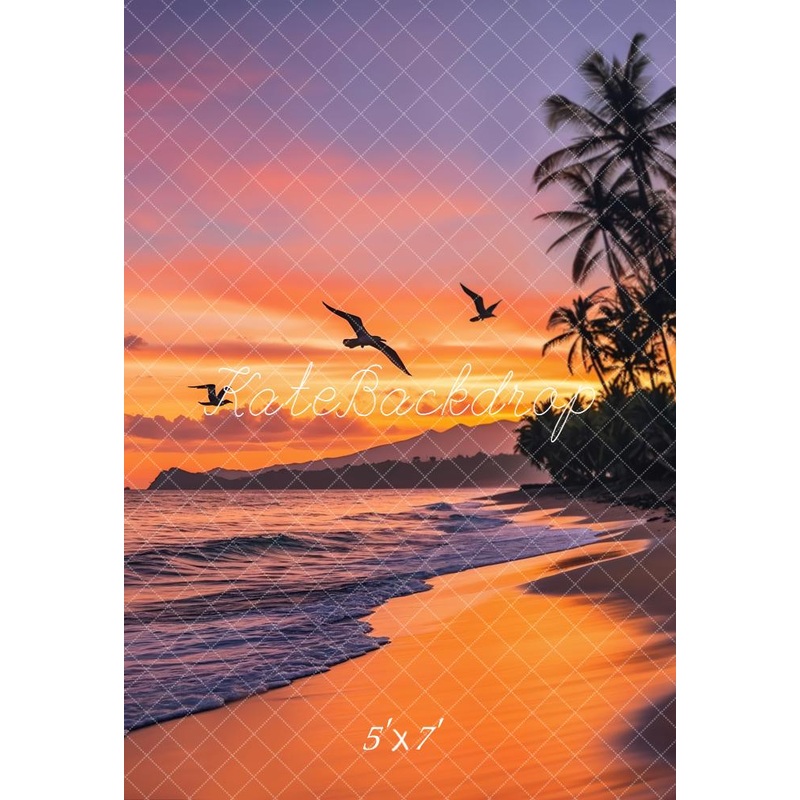 Kate Summer Tropical Sunset Beach Palm Trees Seagulls Backdrop Designed by Emetselch Microfiber (Printed) 5x7ft(1.5x2.2m)