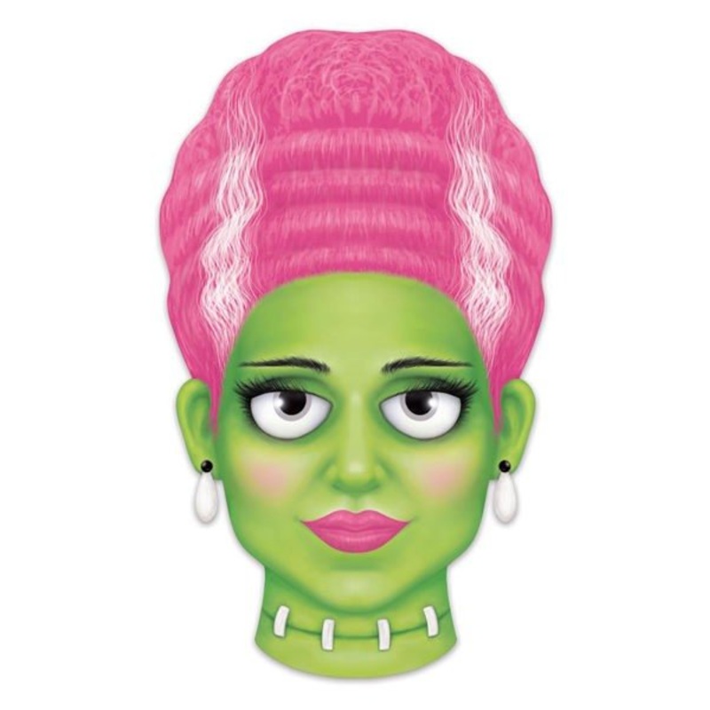 12.5" Embossed Metal Mrs. Frankenstein Head Sign: Pink/Green