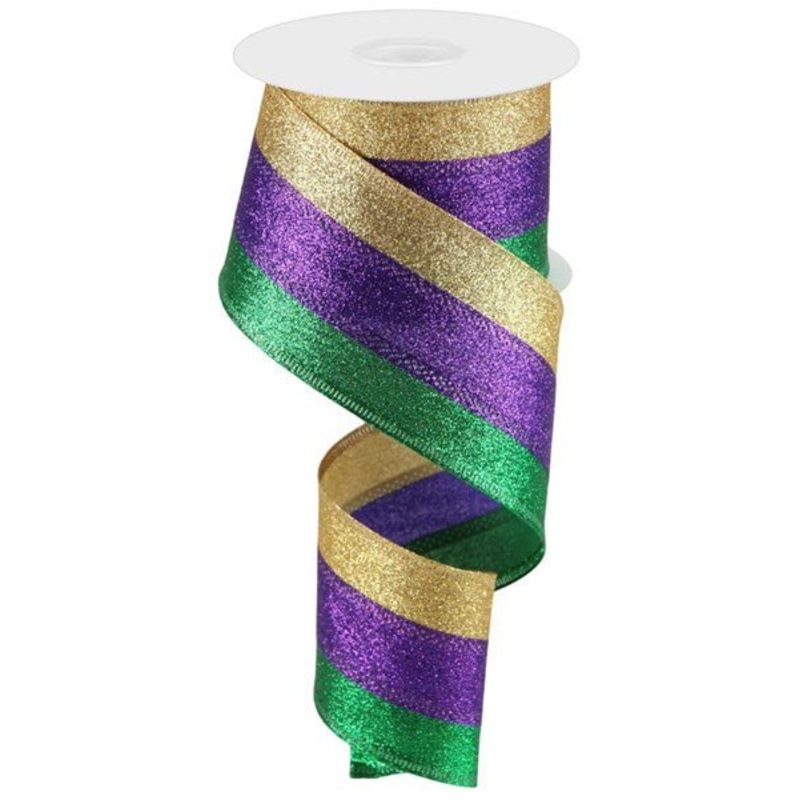 2.5" Shimmer Glitter Mardi Gras Tri-Stripe Ribbon - 10yds